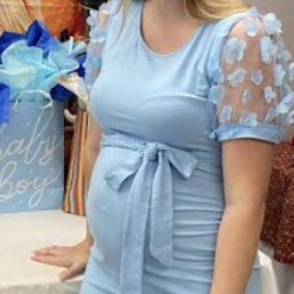 Light Blue Maternity Dress with Floral Mesh Sleeves – Size Medium - Picture 2 of 6